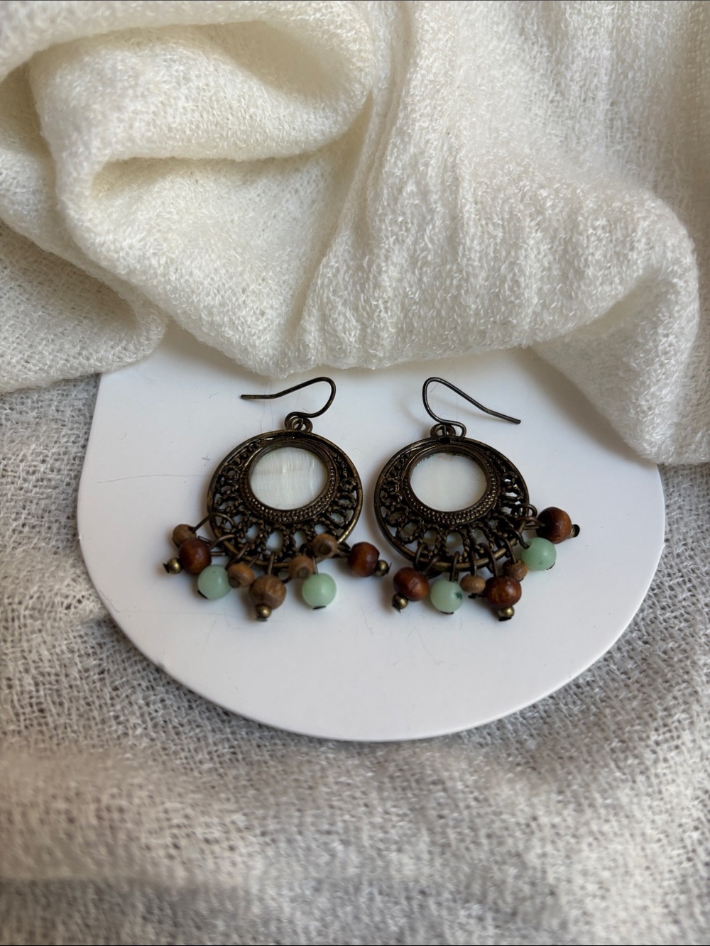 Bohemian Dangle Hoop Earrings with Aqua and Brown Beads